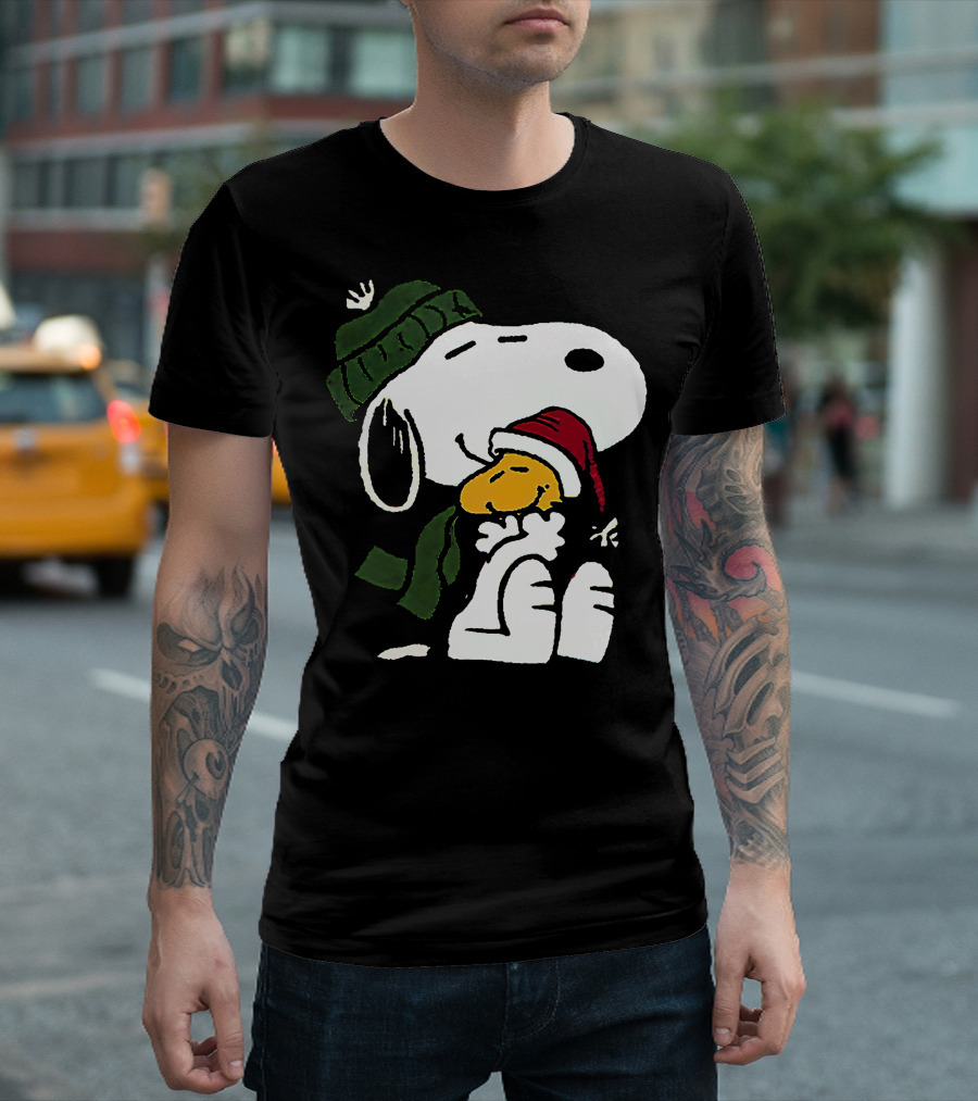Snoopy Hugging Woodstock Winter Hat Scarf Christmas T-Shirt