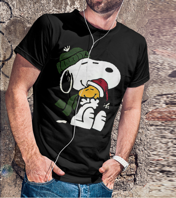 Snoopy Hugging Woodstock Winter Hat Scarf Christmas T-Shirt