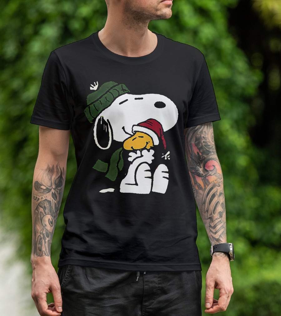 Snoopy Hugging Woodstock Winter Hat Scarf Christmas T-Shirt