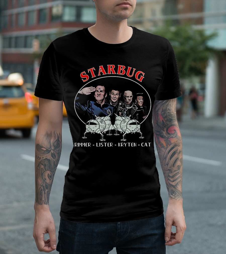 Starbug Rimmer Lister Kryten Cat Red Dwarf Crew with Spaceship T-Shirt
