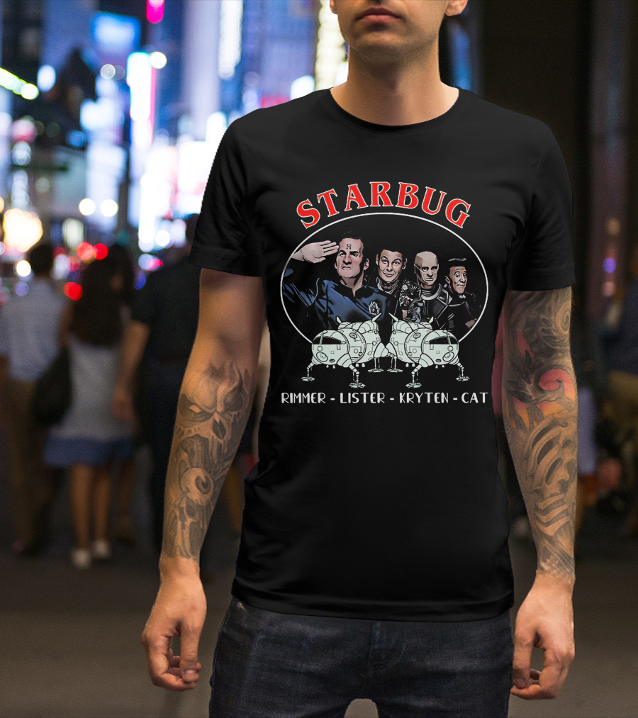 Starbug Rimmer Lister Kryten Cat Red Dwarf Crew With Spaceship T-Shirt