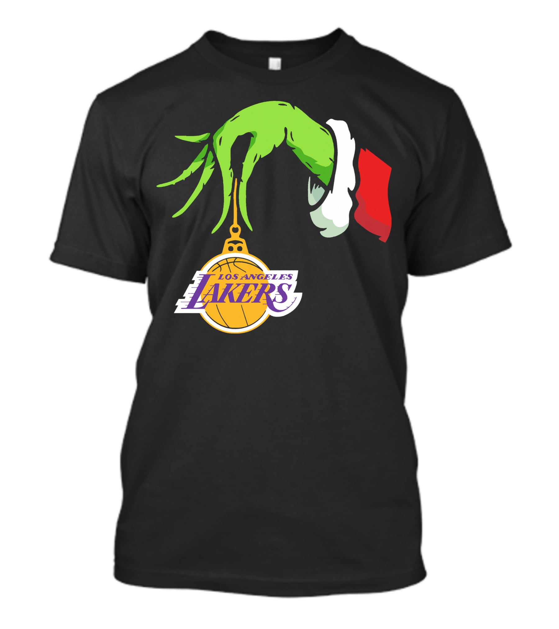 Grinch Hand With Santa Sleeve Holding Los Angeles Lakers T-Shirt