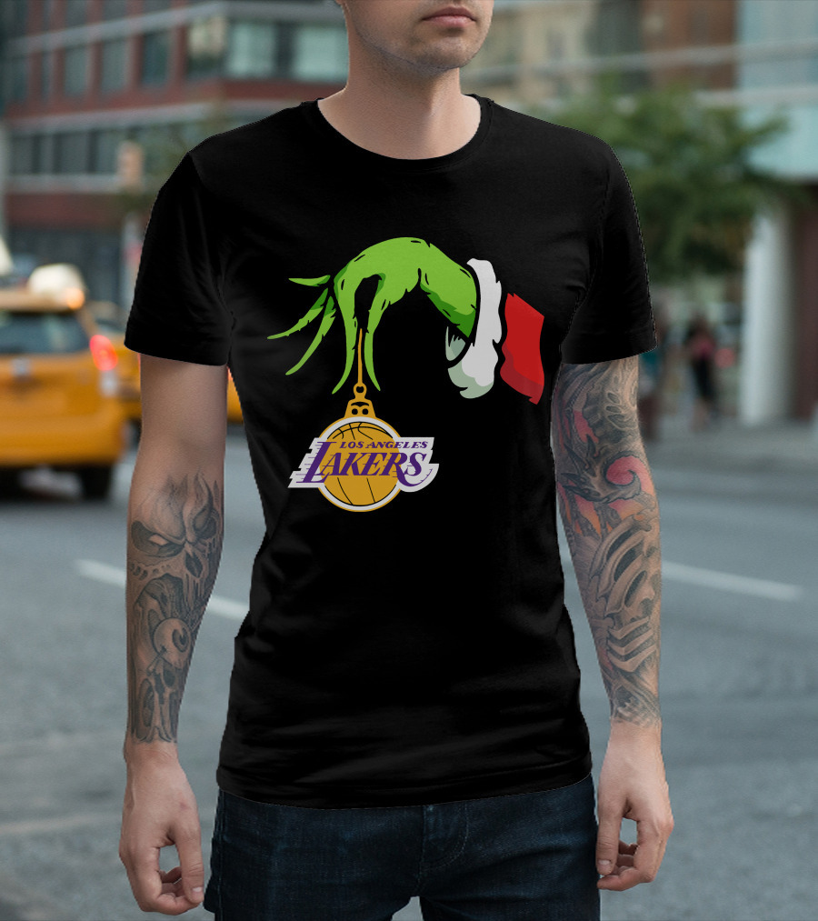 Grinch Hand with Santa Sleeve Holding Los Angeles Lakers T-Shirt