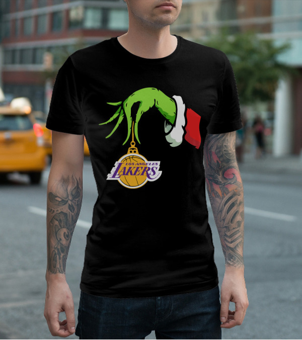 Grinch Hand With Santa Sleeve Holding Los Angeles Lakers T-Shirt