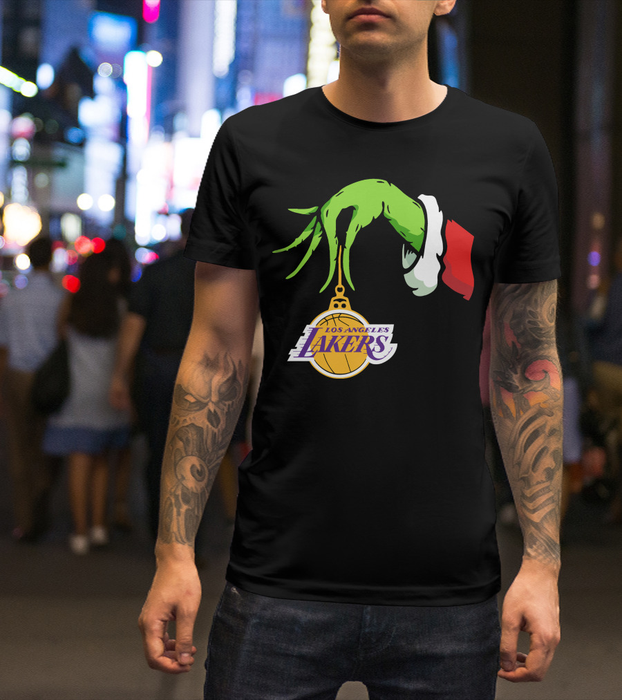 Grinch Hand With Santa Sleeve Holding Los Angeles Lakers T-Shirt
