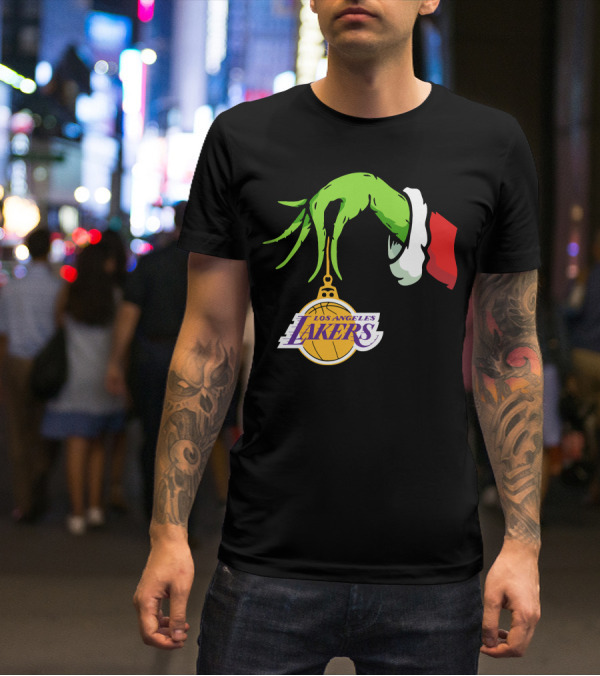 Grinch Hand With Santa Sleeve Holding Los Angeles Lakers T-Shirt