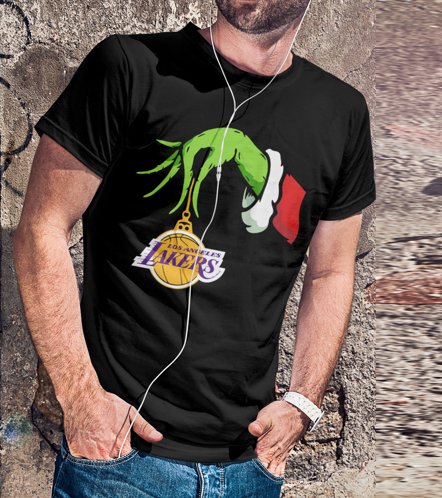 Grinch Hand With Santa Sleeve Holding Los Angeles Lakers T-Shirt