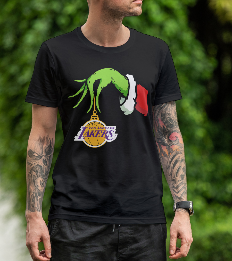 Grinch Hand With Santa Sleeve Holding Los Angeles Lakers T-Shirt