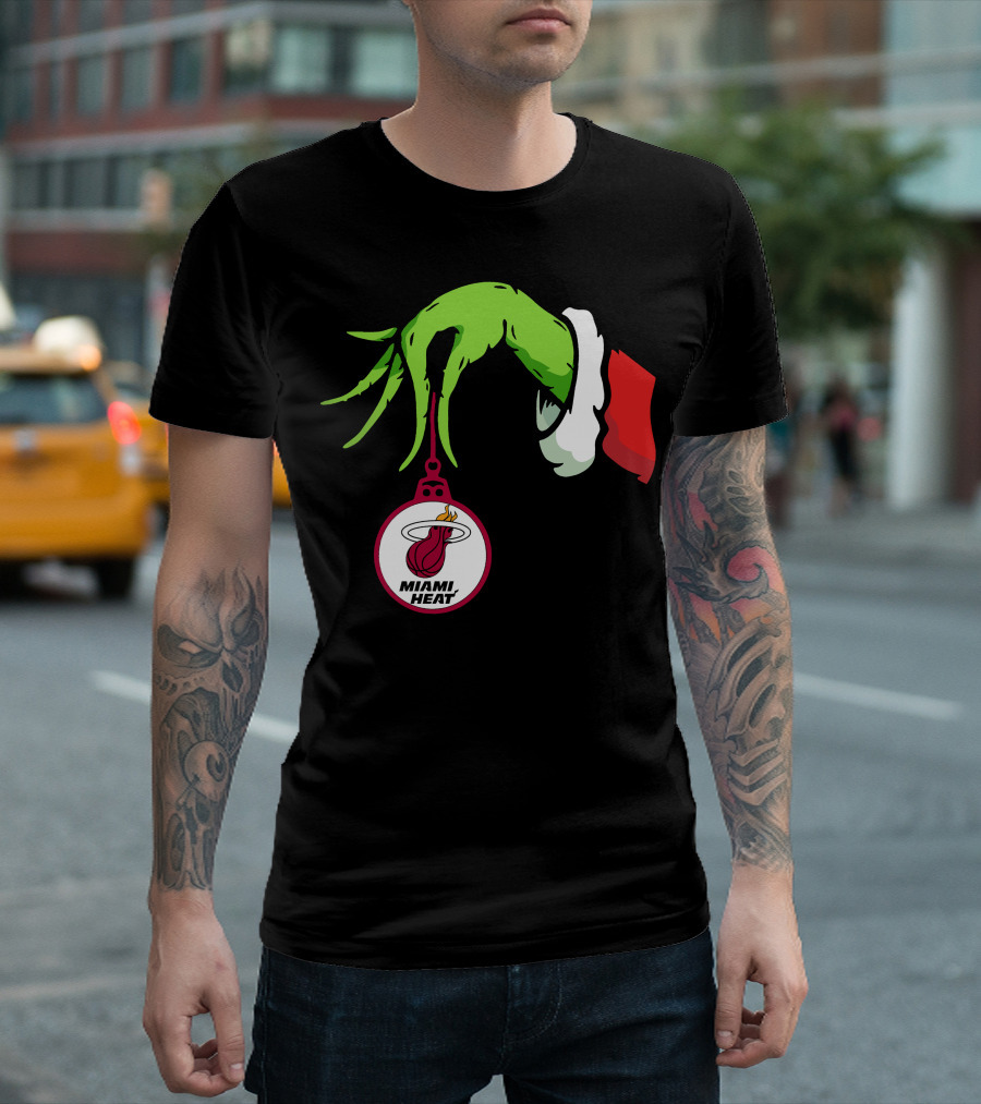 Grinch Hand With Miami Heat Ornament Holiday Sports T-Shirt