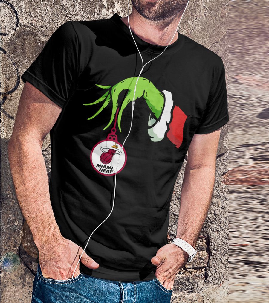 Grinch Hand With Miami Heat Ornament Holiday Sports T-Shirt