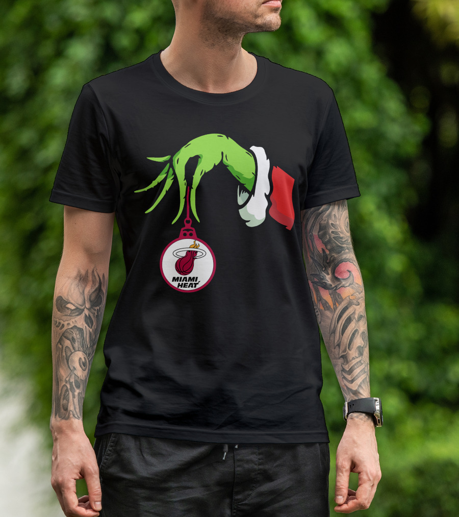 Grinch Hand With Miami Heat Ornament Holiday Sports T-Shirt