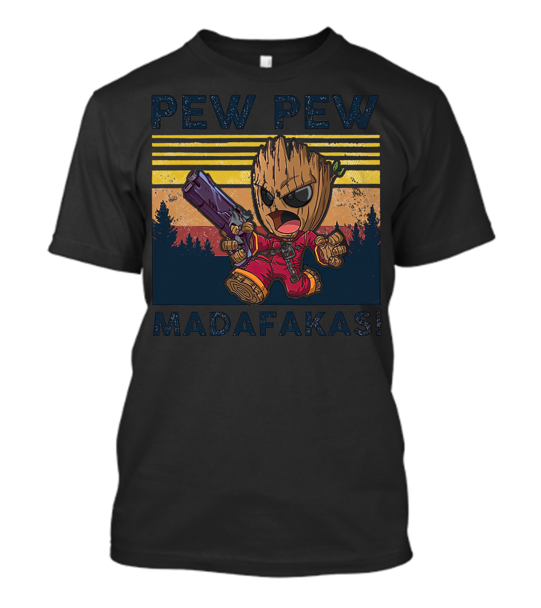 Pew Pew Madafakas Baby Groot Retro Forest Background T-Shirt