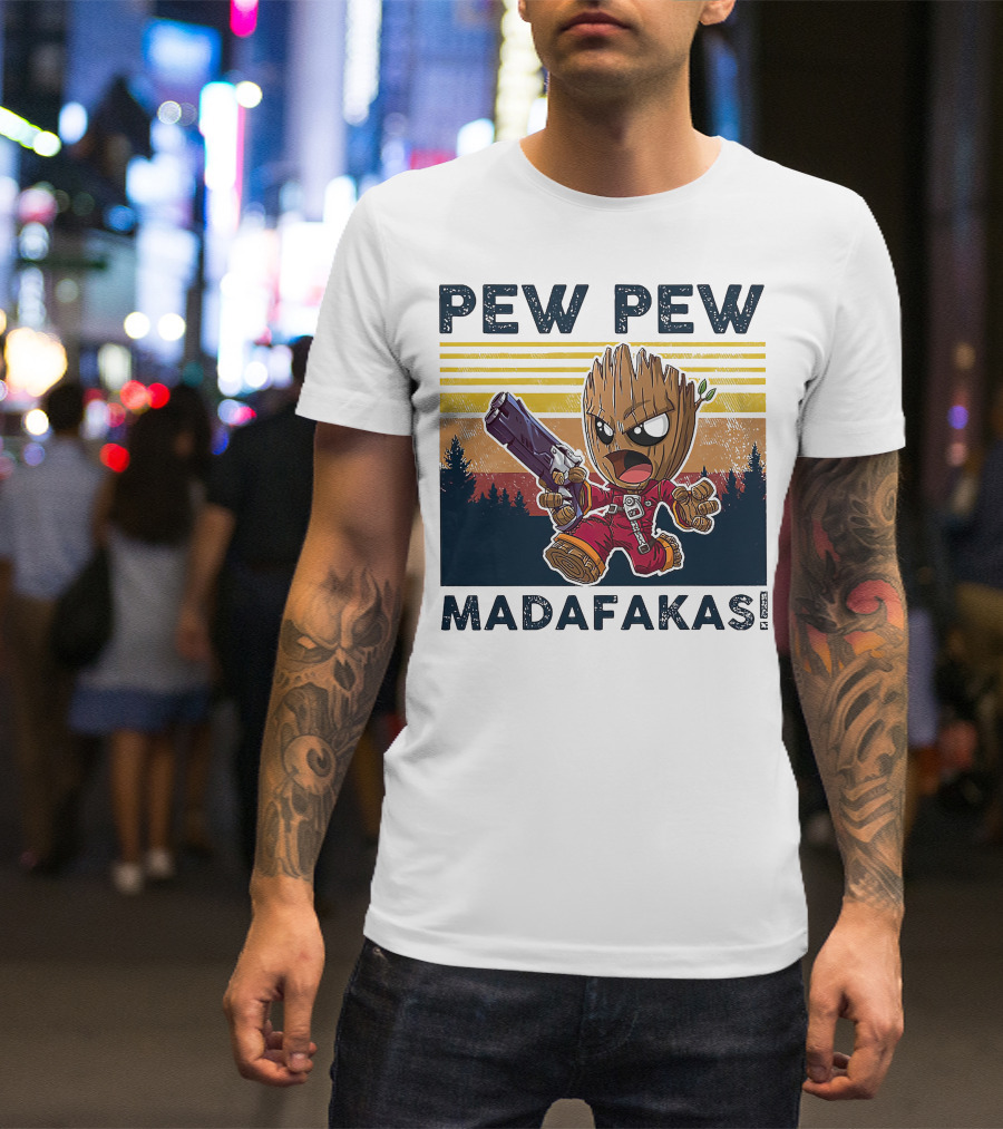 Pew Pew Madafakas Baby Groot Retro Forest Background T-Shirt