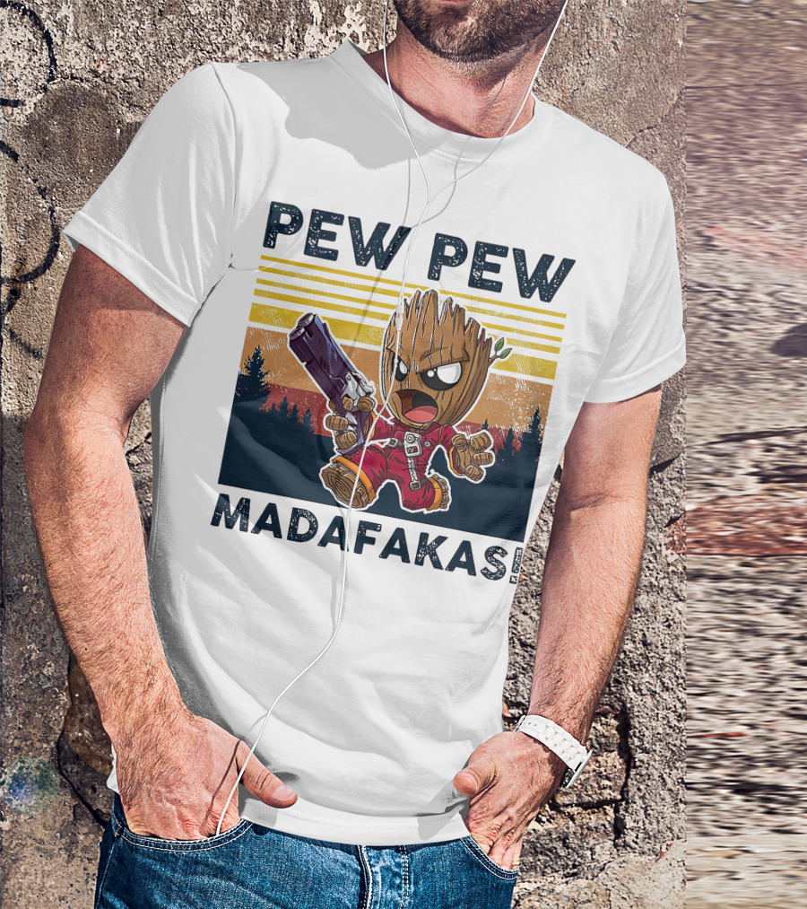 Pew Pew Madafakas Baby Groot Retro Forest Background T-Shirt