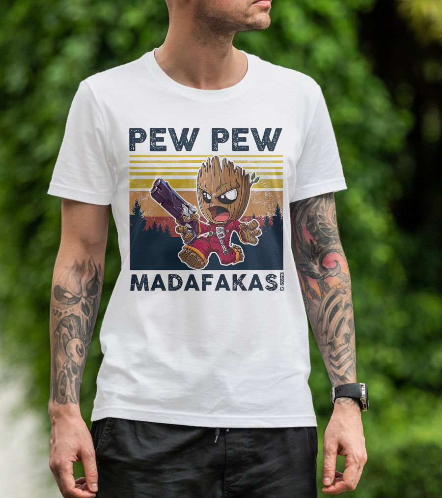 Pew Pew Madafakas Baby Groot Retro Forest Background T-Shirt