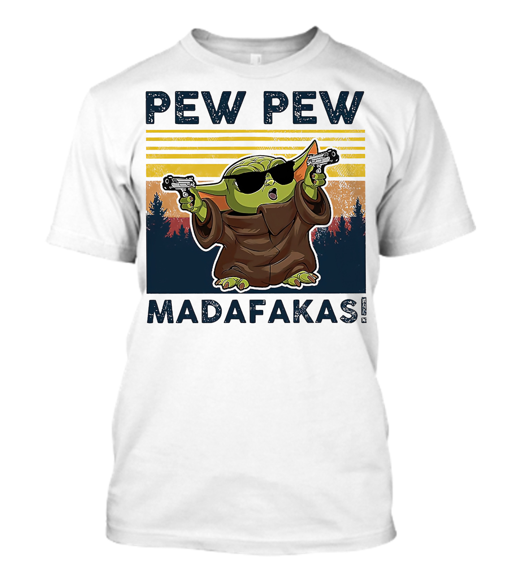 Pew Pew Madafakas Baby Yoda Retro Forest Sunset T-Shirt