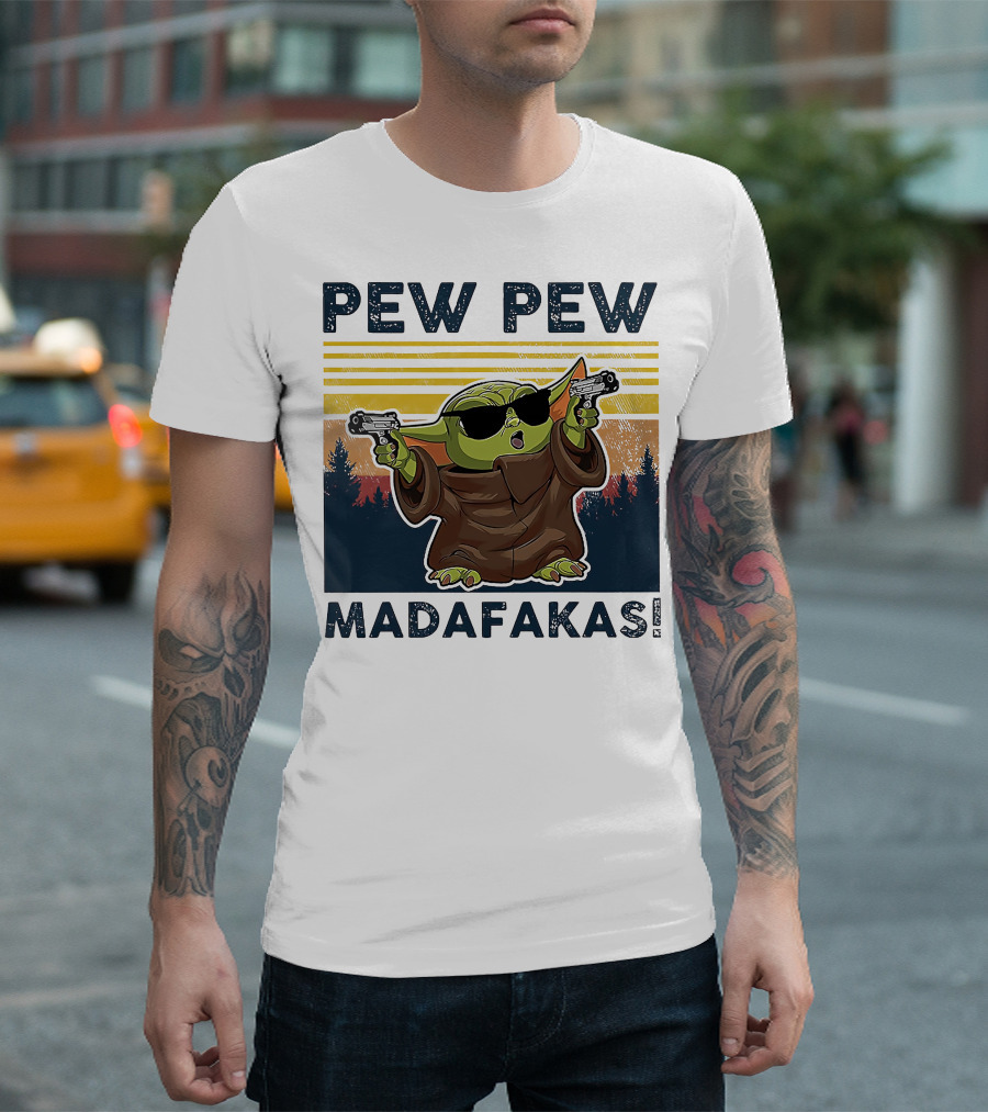 Pew Pew Madafakas Baby Yoda Retro Forest Sunset T-Shirt