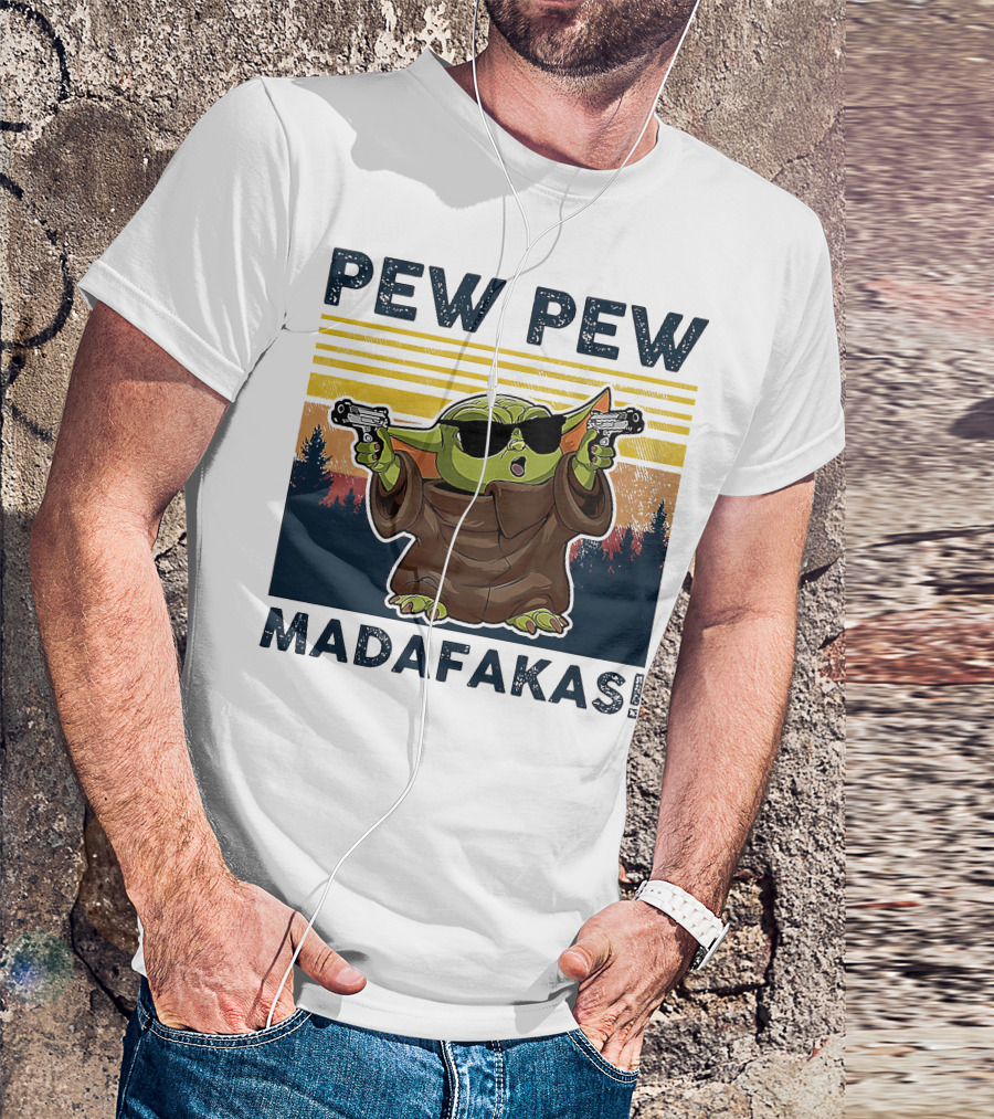 Pew Pew Madafakas Baby Yoda Retro Forest Sunset T-Shirt