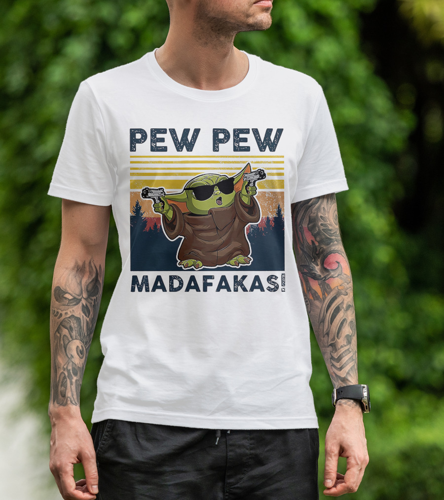Pew Pew Madafakas Baby Yoda Retro Forest Sunset T-Shirt