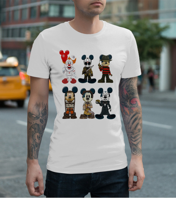 Halloween Horror Characters Mickey Mouse Pennywise Jason Freddy Chucky Leatherface Pinhead T-Shirt