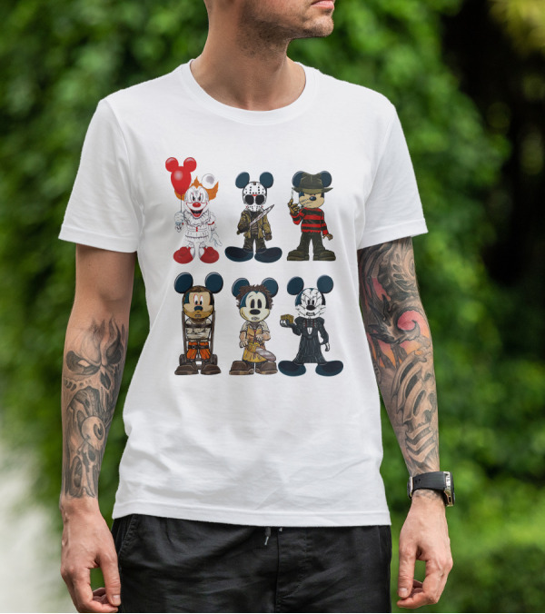 Halloween Horror Characters Mickey Mouse Pennywise Jason Freddy Chucky Leatherface Pinhead T-Shirt