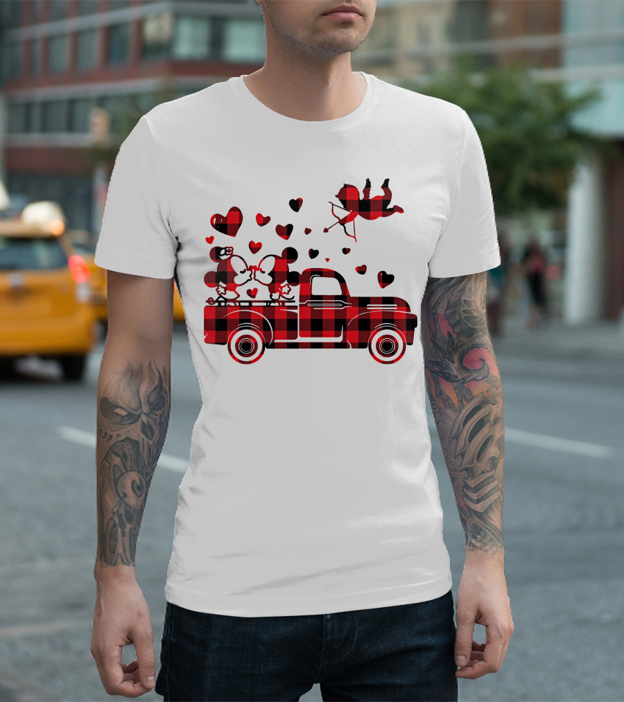 Buffalo Plaid Mickey Minnie Kissing in Truck with Hearts and Cupid Valentine T-Shirt