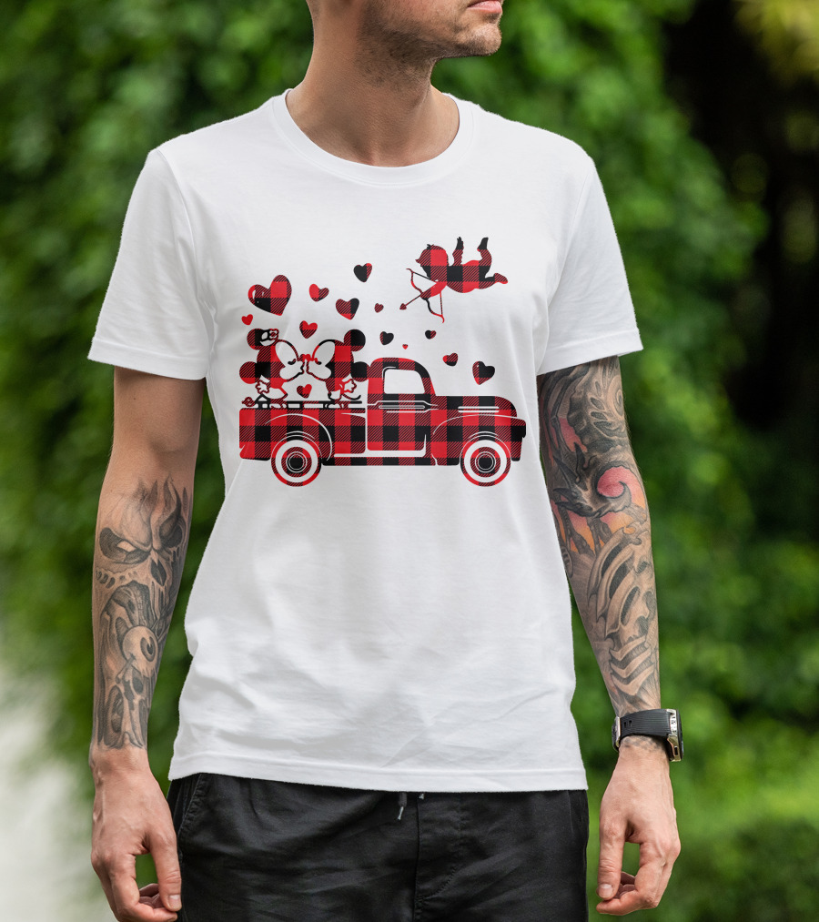 Buffalo Plaid Mickey Minnie Kissing In Truck With Hearts And Cupid Valentine T-Shirt