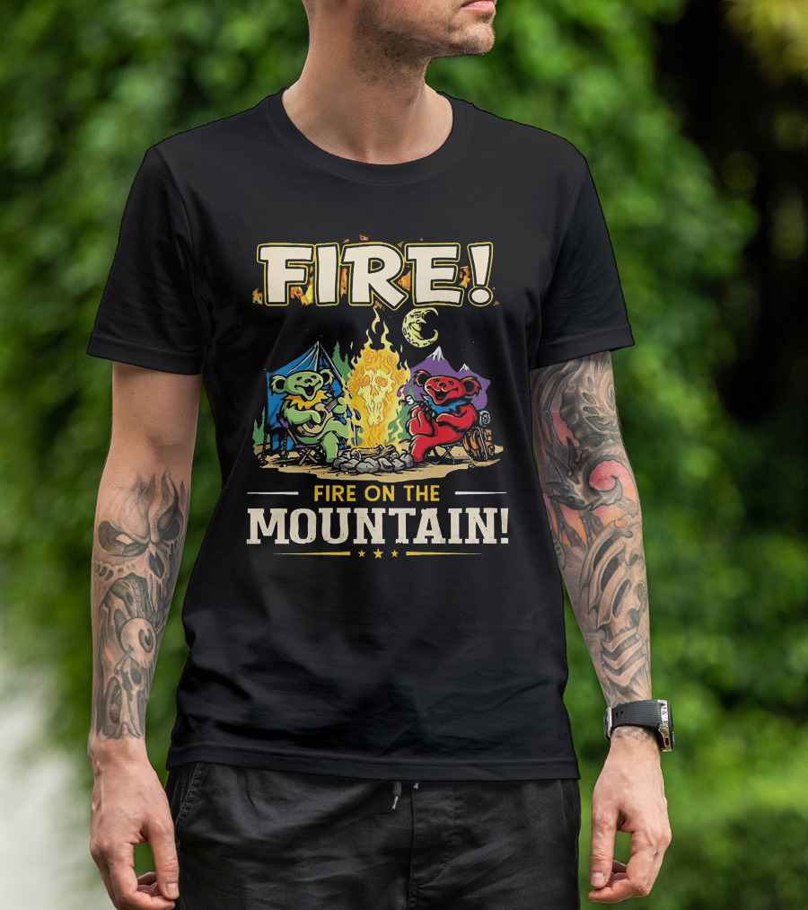 Grateful Dead Fire On The Mountain Camping Bears Campfire Scene T-Shirt