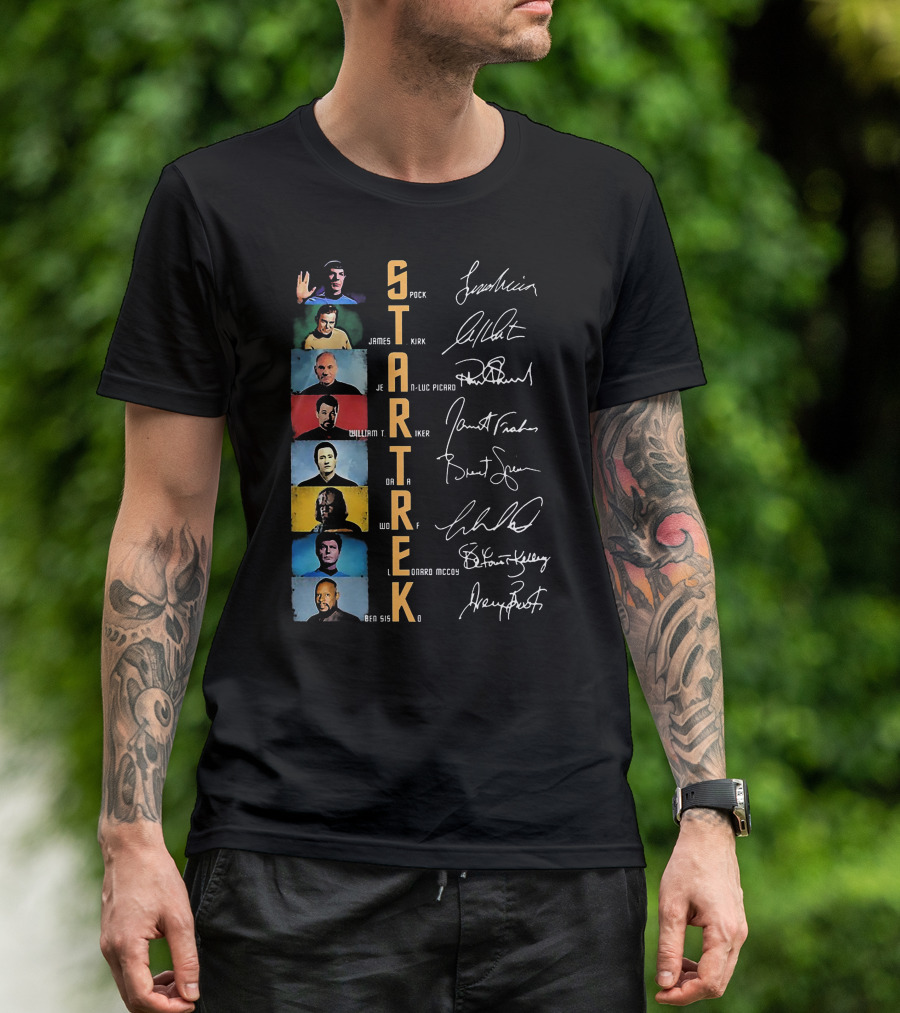 Star Trek Spock James Kirk Picard William T Riker Worf Leonard McCoy Ben Sisko Signatures T-Shirt