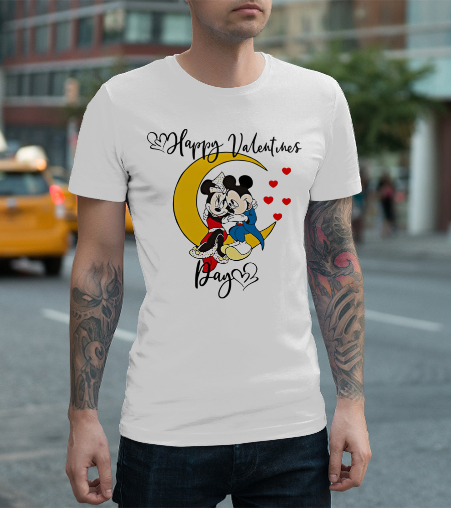 Happy Valentines Day Mickey Mouse and Minnie Mouse Cuddling on Crescent Moon with Hearts T-Shirt