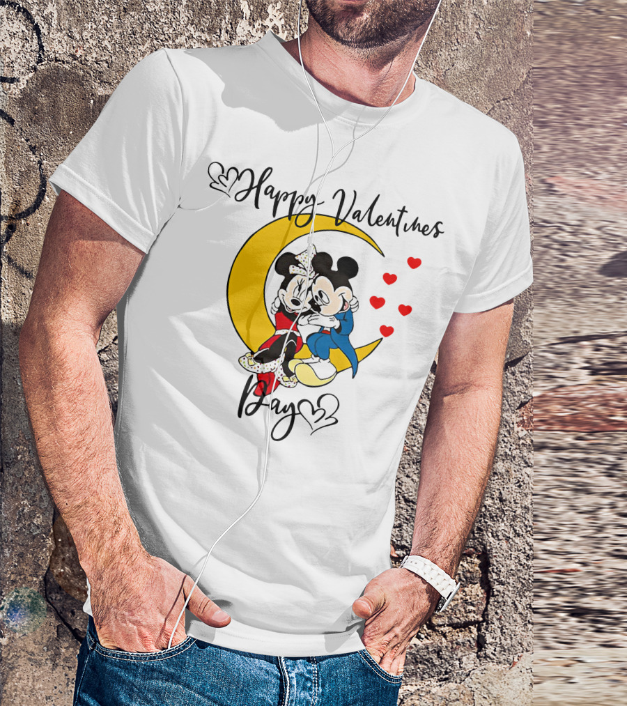 Happy Valentines Day Mickey Mouse And Minnie Mouse Cuddling On Crescent Moon With Hearts T-Shirt
