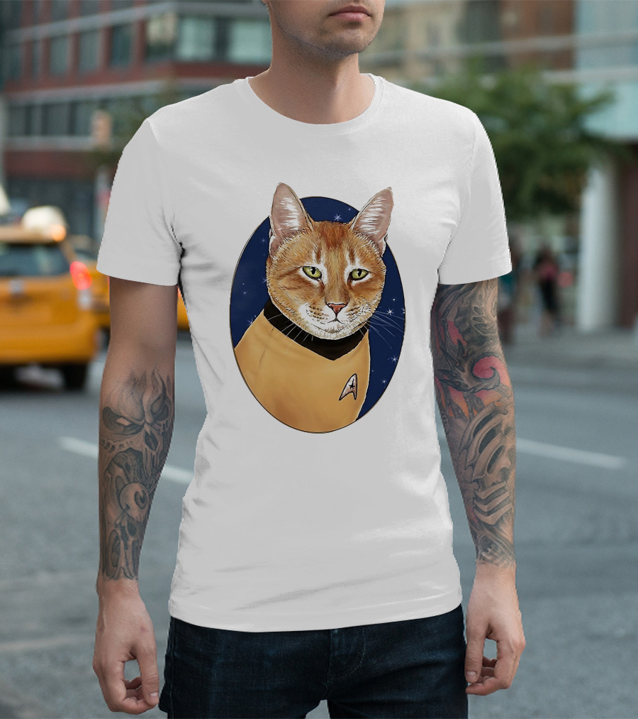 Star Trek Cat in Captain Uniform with Emblem on Starry Background T-Shirt