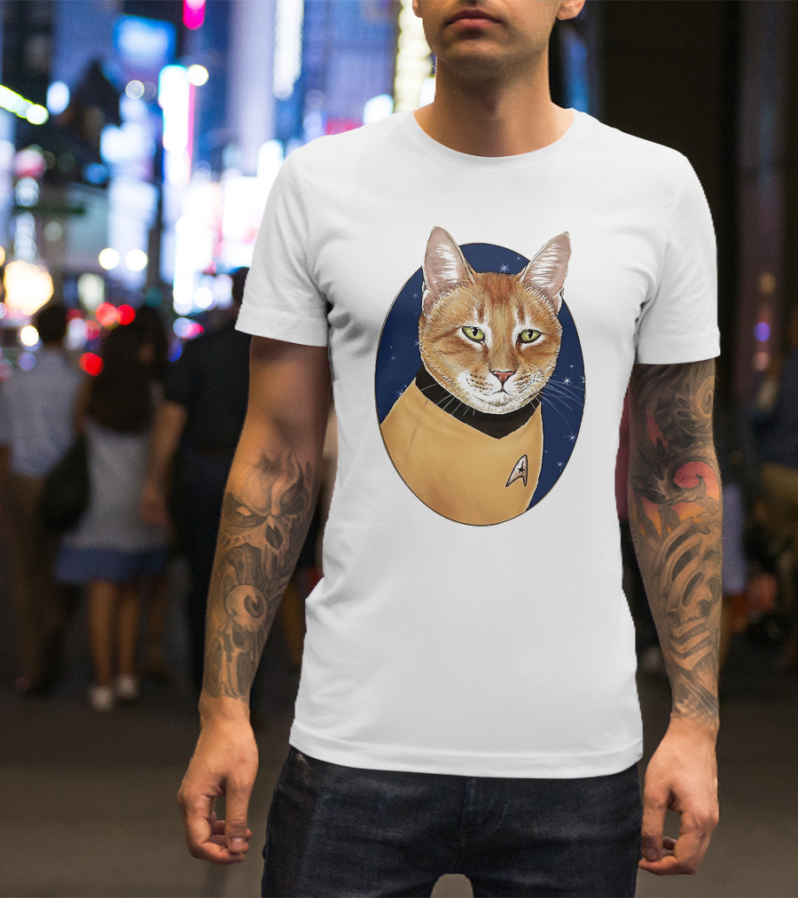 Star Trek Cat In Captain Uniform With Emblem On Starry Background T-Shirt