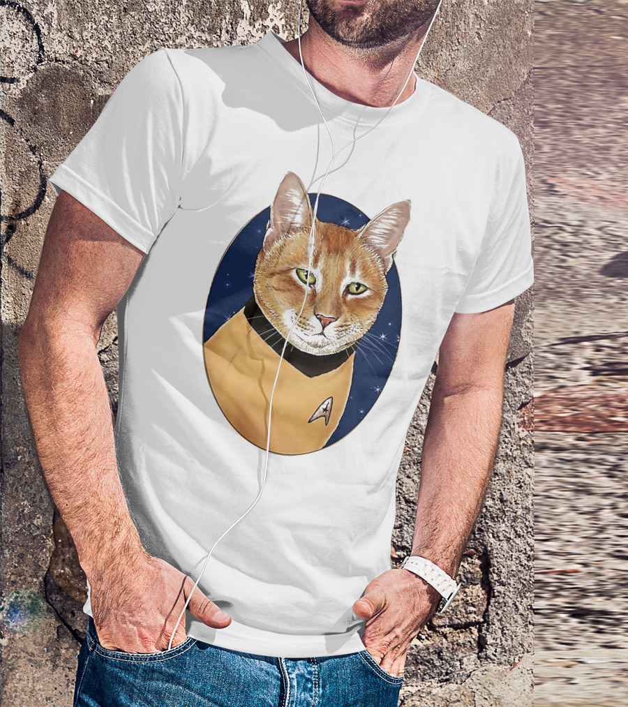 Star Trek Cat In Captain Uniform With Emblem On Starry Background T-Shirt
