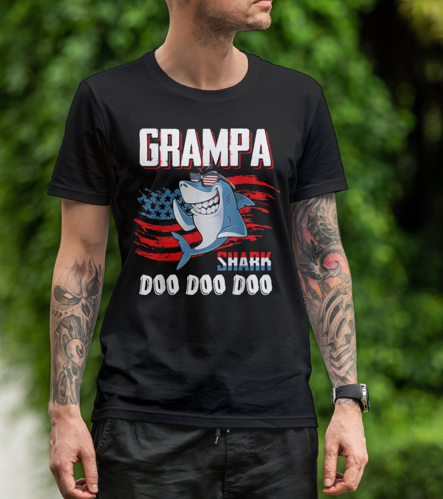 Grampa Shark Doo Doo Doo American Flag Sunglasses Patriotic Father's Day 4th Of July T-Shirt