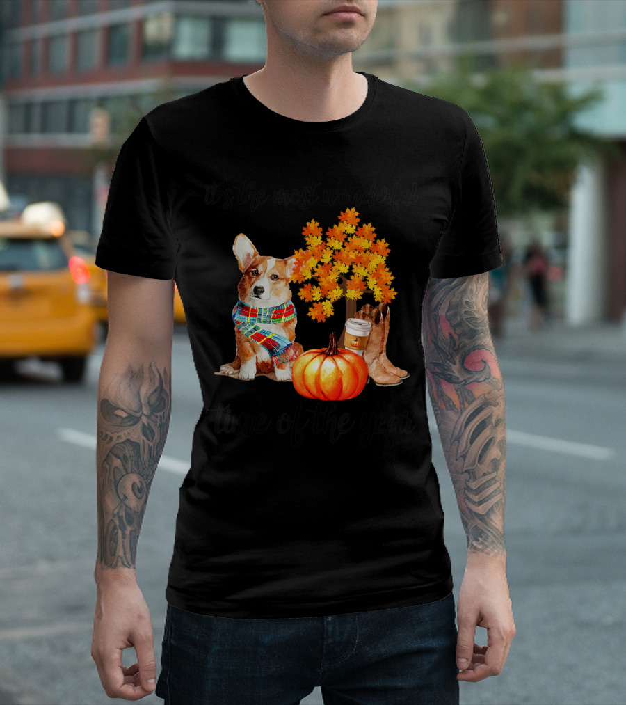 It's the Most Wonderful Time of the Year Corgi Pumpkin Boots Scarf Coffee Fall Leaves T-Shirt