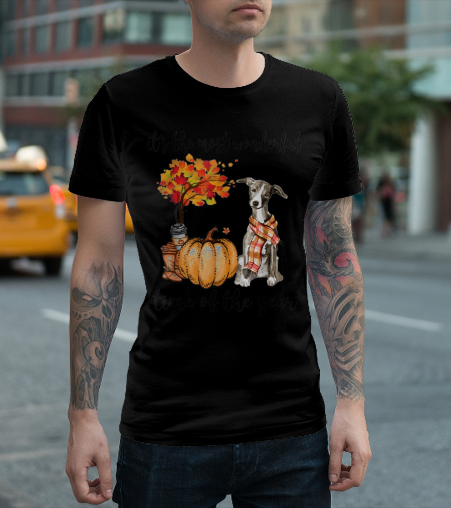 It's the Most Wonderful Time of the Year Greyhound Autumn Pumpkin Leaves Scarf Coffee T-Shirt