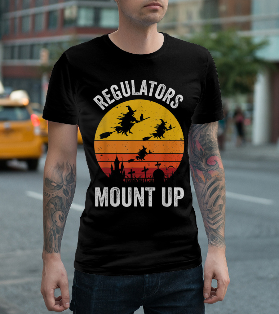 Regulators Mount Up Witch Halloween Sunset Broomstick Graveyard T-Shirt