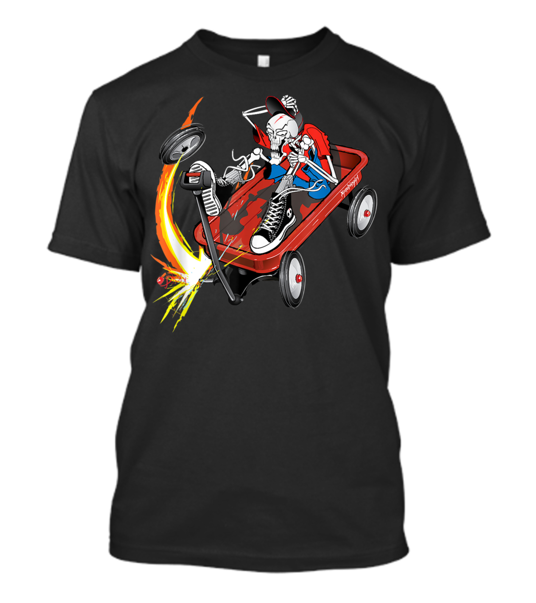 Skeleton With Hat And High Tops Riding A Flaming Red Wagon T-Shirt