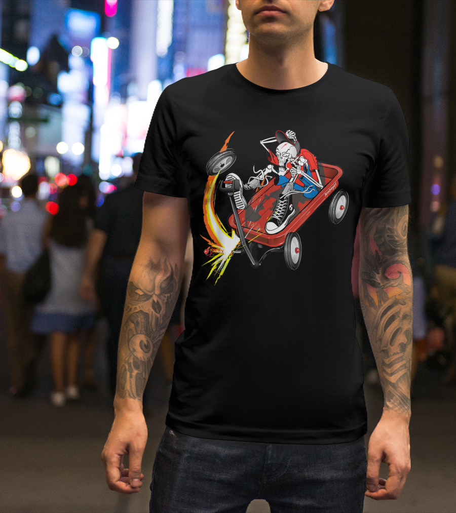 Skeleton With Hat And High Tops Riding A Flaming Red Wagon T-Shirt