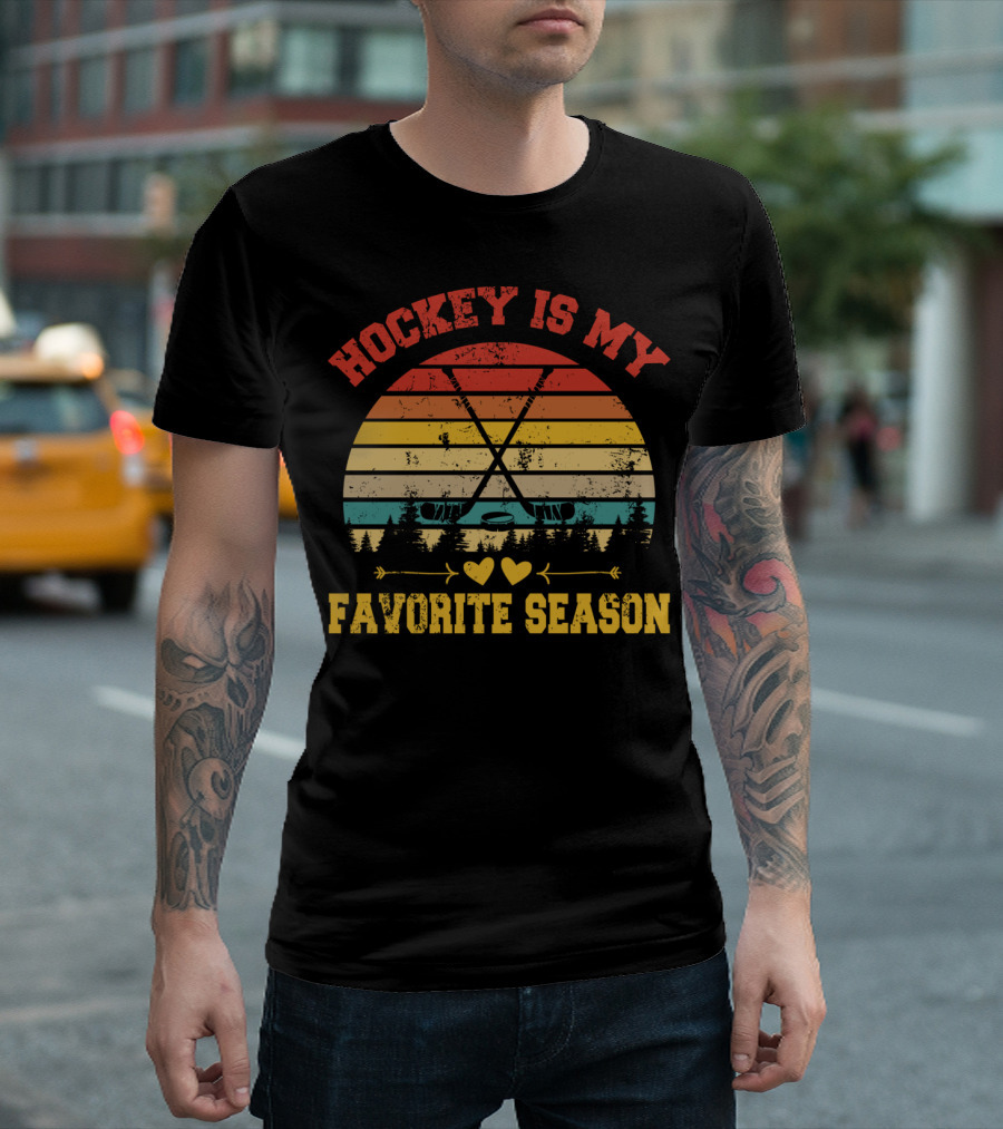 Hockey Is My Favorite Season Vintage Retro Style with Sunset and Hockey Sticks T-Shirt