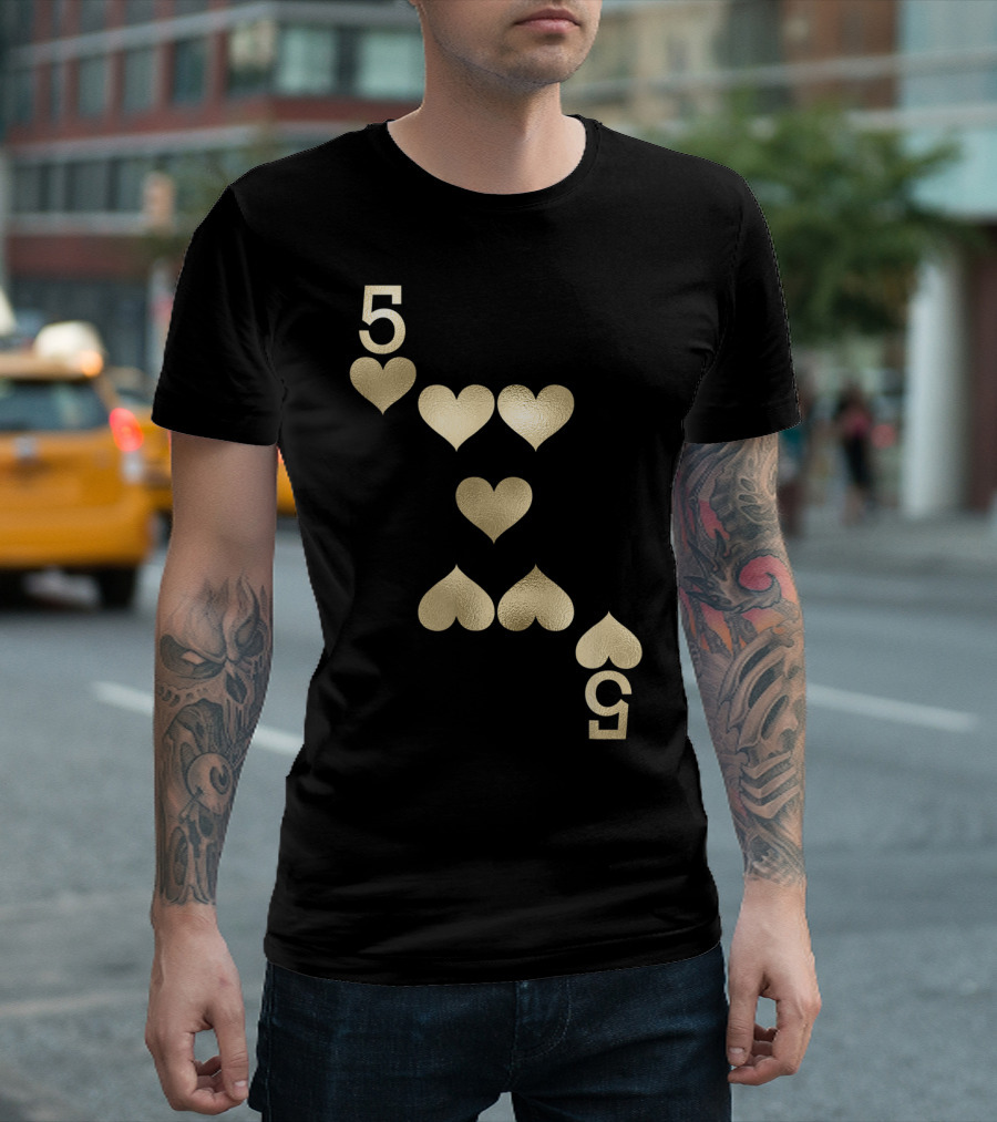 5 of Hearts Playing Card Halloween Costume Glam Gold Hearts T-Shirt