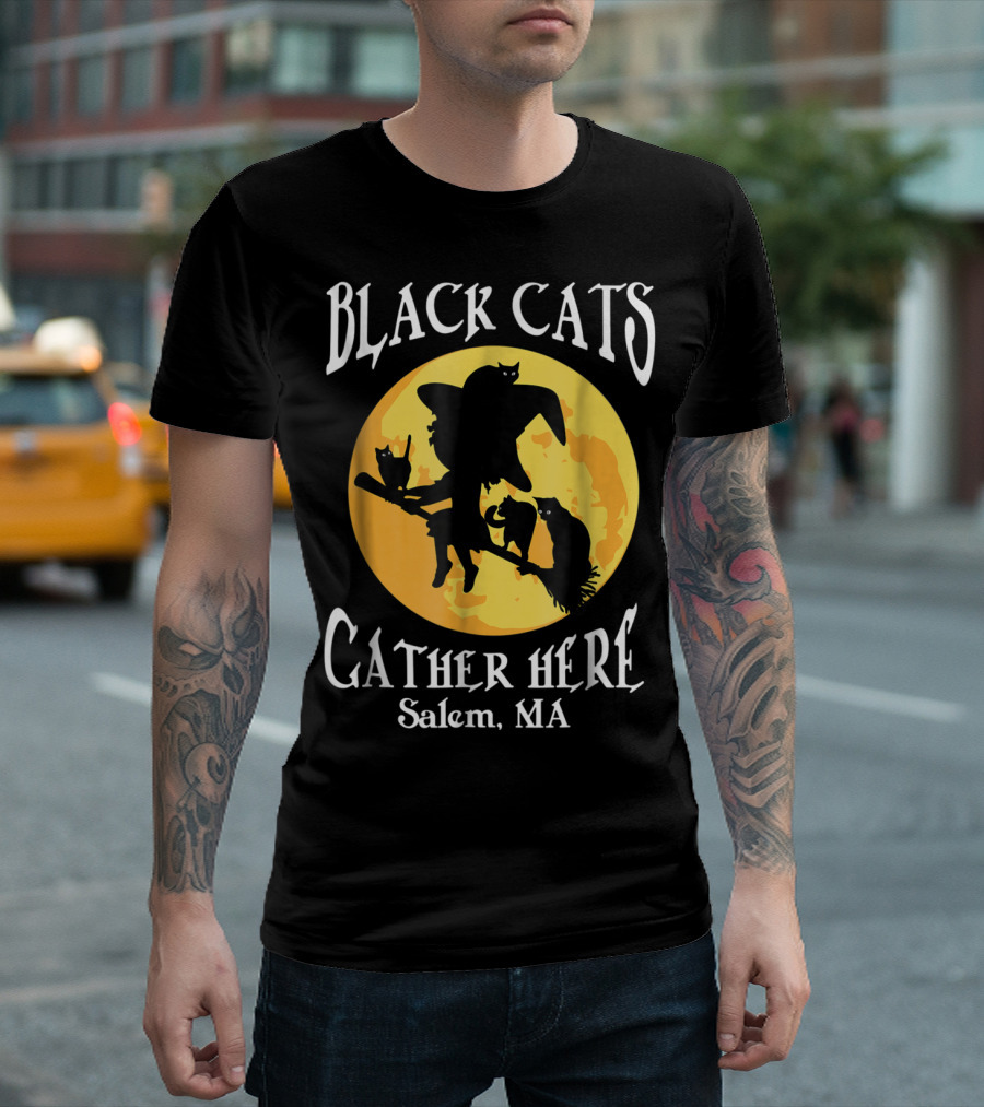Black Cats Gather Here Salem MA Halloween Witch Silhouette with Broom Against Full Moon T-Shirt