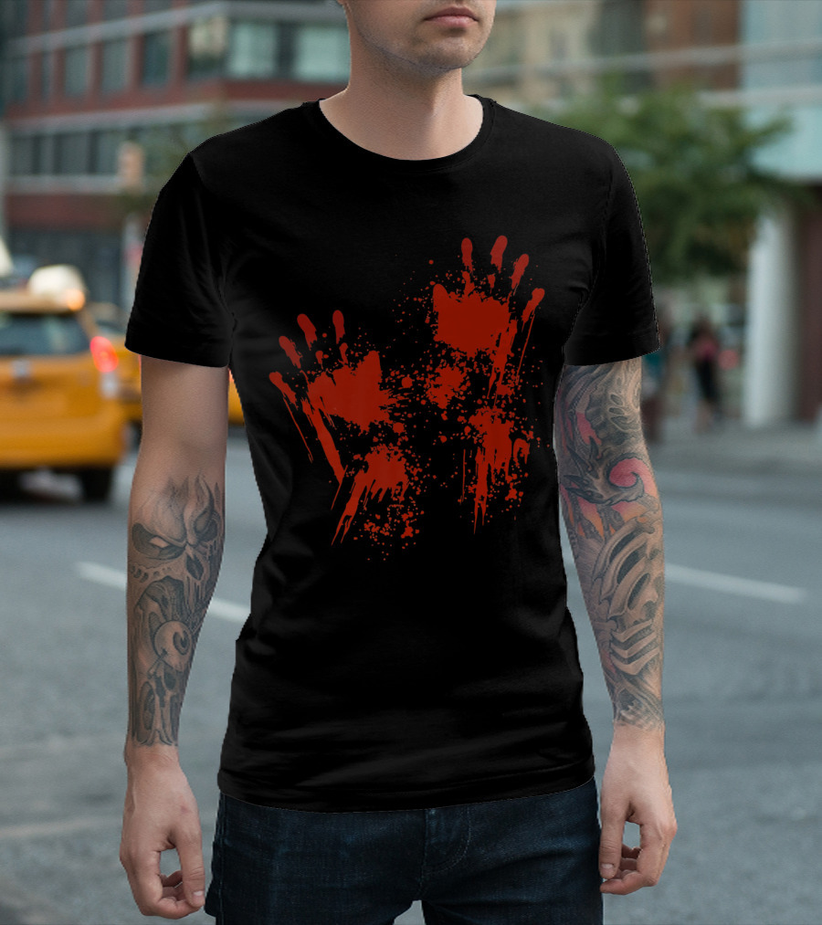 Blood Splattered Handprints Halloween Zombie Hunter T-Shirt