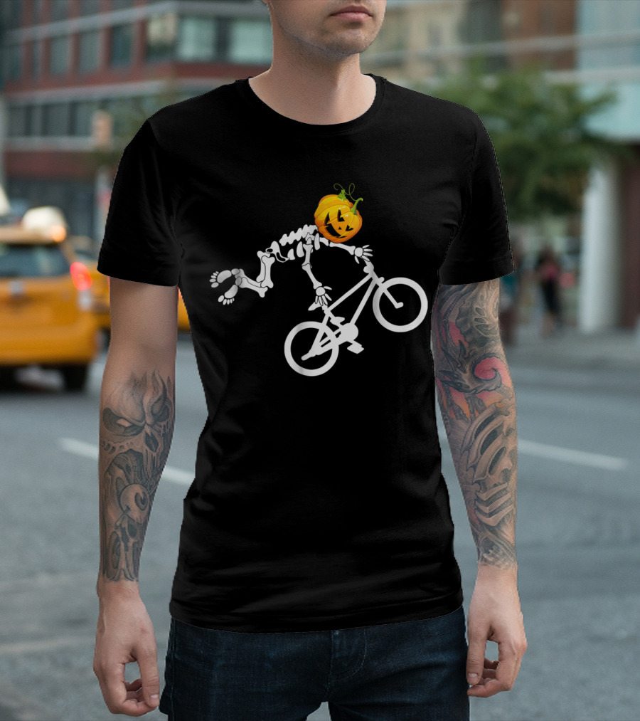 BMX Trick Riding Skeleton Pumpkin Head T-Shirt