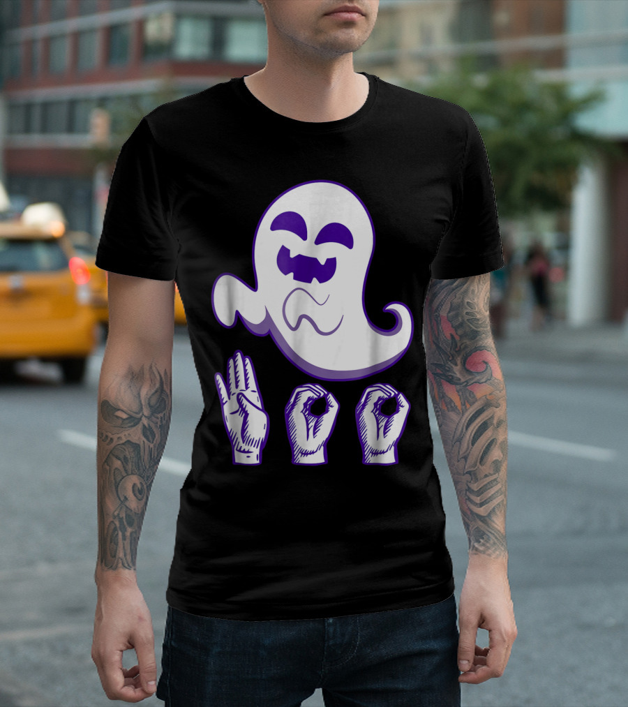 BOO Ghost with ASL Sign Language Hand Gesture Fun Halloween T-Shirt