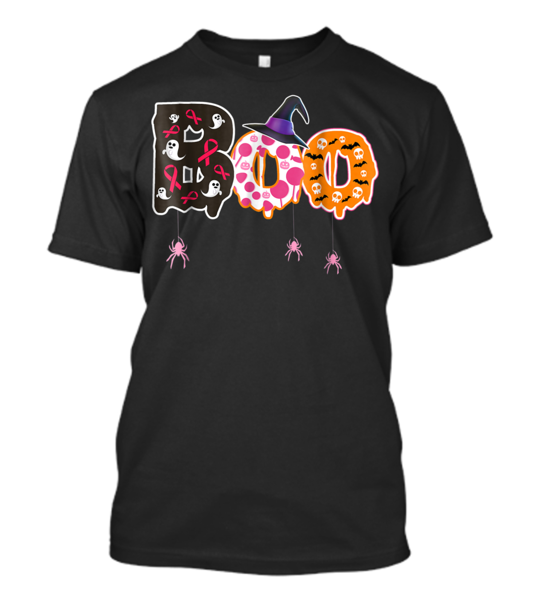 Boo Halloween Breast Cancer Awareness Month Ribbon Ghost Witch Hat Skulls Spiders T-Shirt