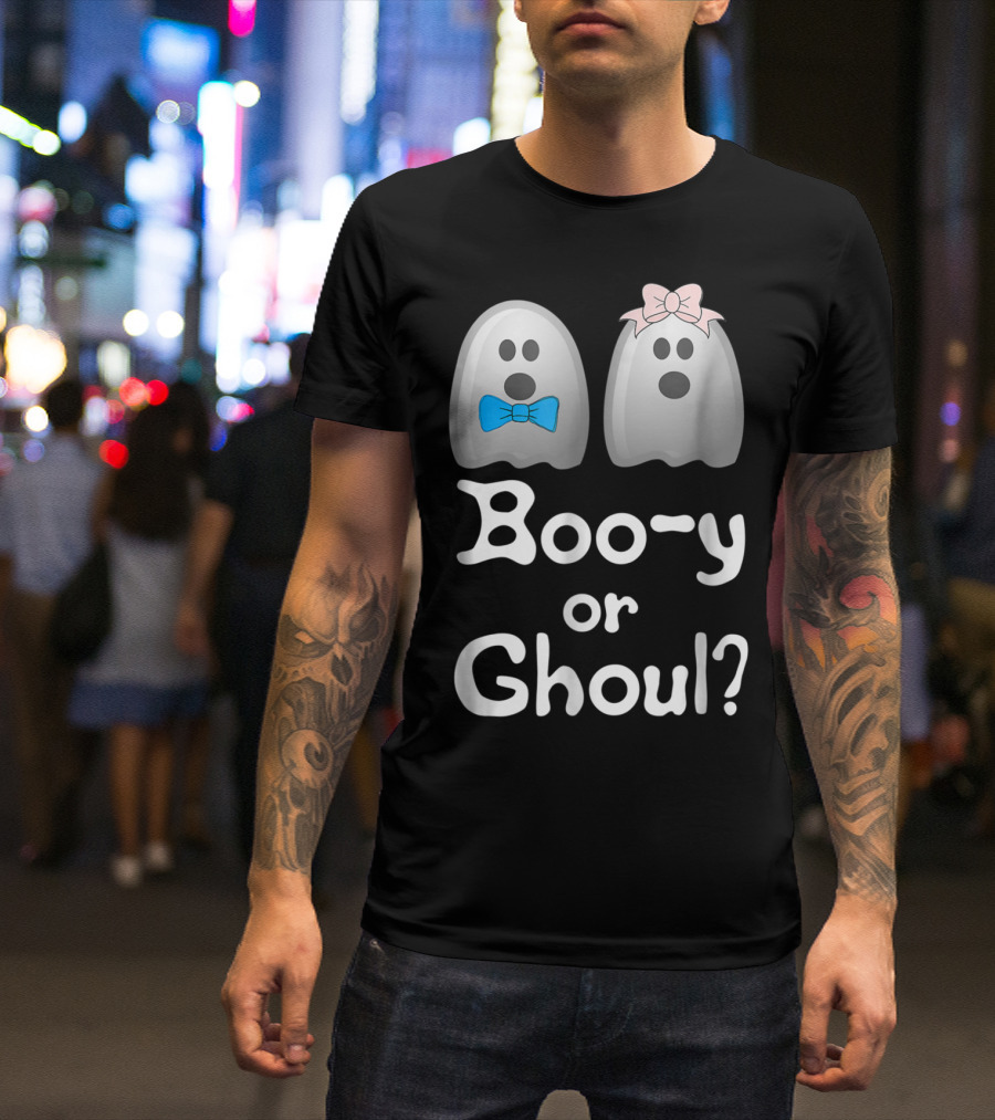Boo-y Or Ghoul? Ghosts With Blue And Pink Bows Halloween Gender Reveal T-Shirt