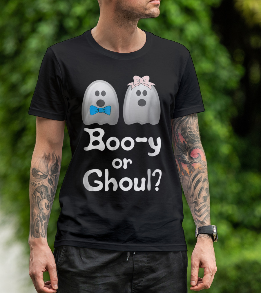 Boo-y Or Ghoul? Ghosts With Blue And Pink Bows Halloween Gender Reveal T-Shirt