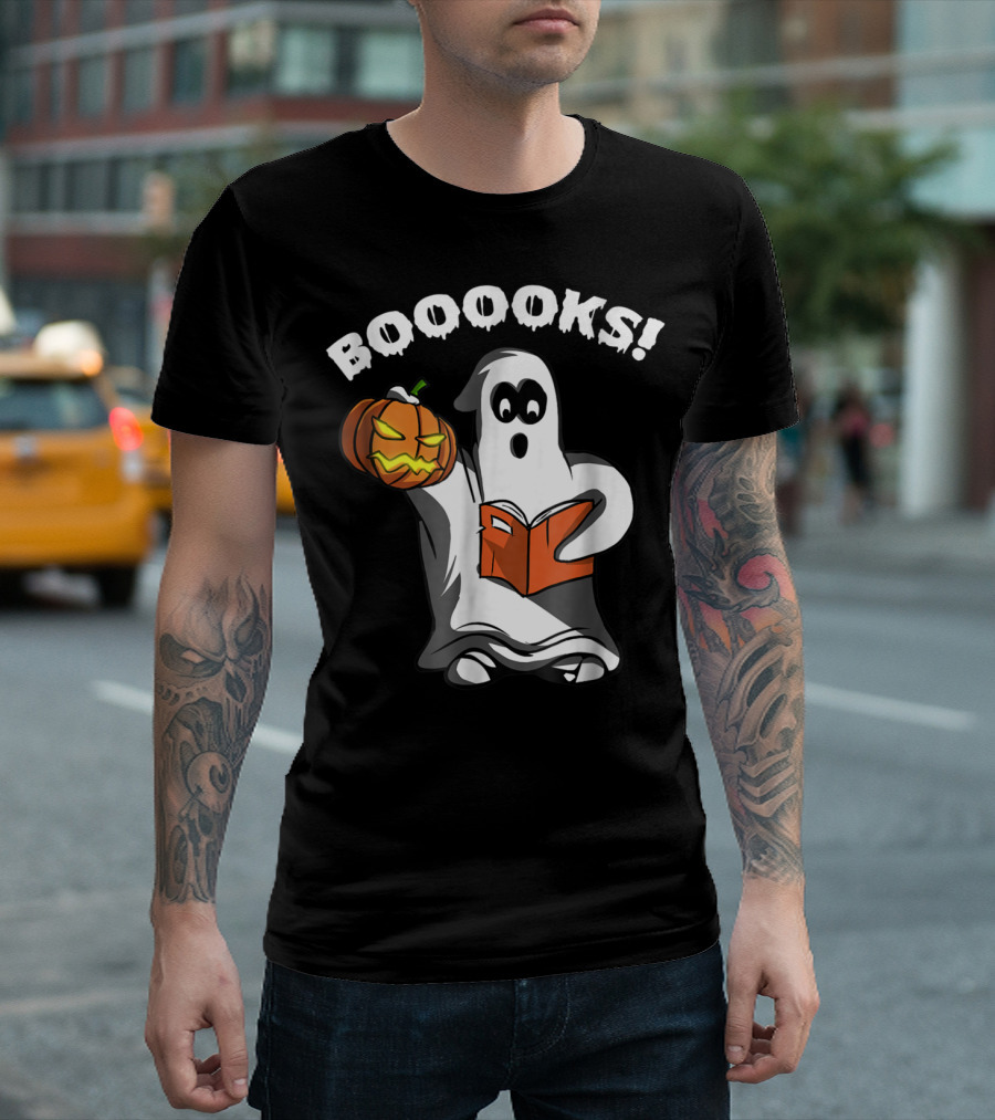 BOOOOKS Ghost Holding Pumpkin and Reading Books T-Shirt